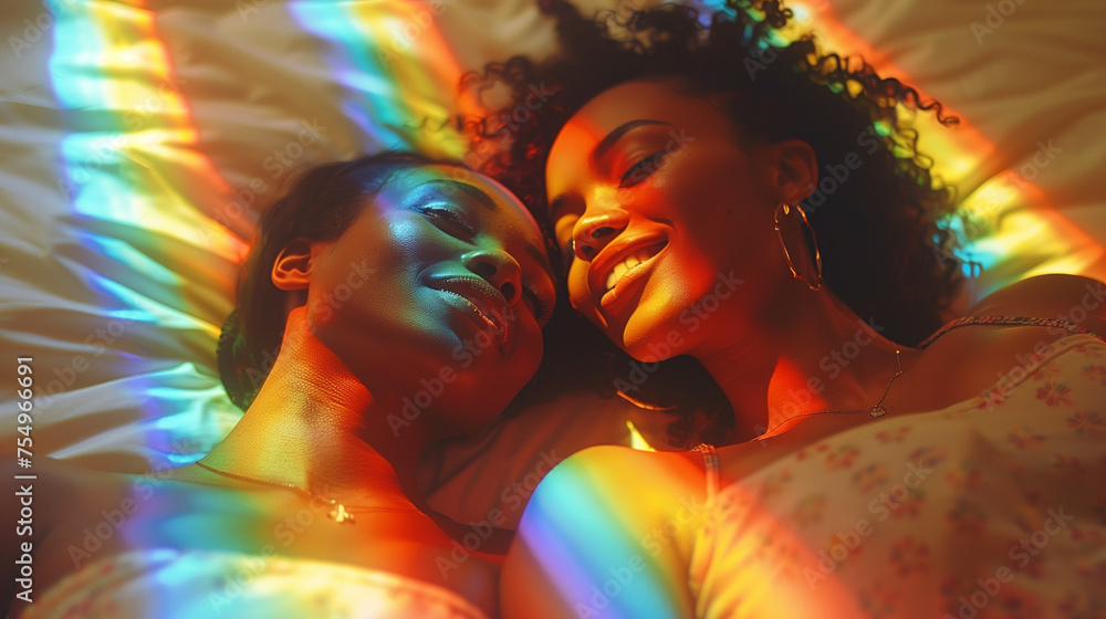 African American lesbian women couple. Happy and smiling together. Light and colorful rainbow flag. Inclusive couple.