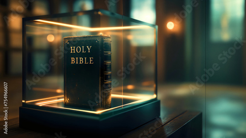 Holy Bible placed in the glass cube in the museum, closeup photography. Old and ancient historical Christian holy scriptures, antique religion document archive, sacred wisdom text studying photo