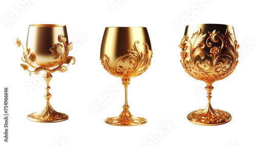 3 golden wine glass isolate on transparent background