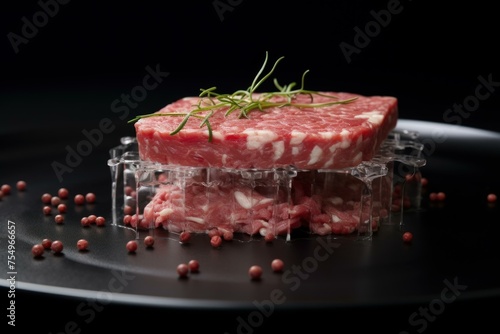 Synthetic Petri dish with cultured meat. Laboratory synthetic grown meat sample. Generate ai