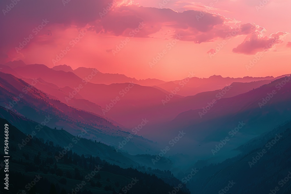 a sunset view of a mountain range with a pink sky