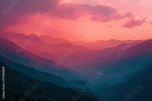 a sunset view of a mountain range with a pink sky