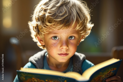 One blond boy kid wearing regular clothes is reading colorful book.