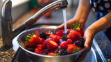 Closeup of the woman holding the gray bowl with strawberries and berries above the kitchen sink, washing the healthy and sweet summer fruits with water from the faucet