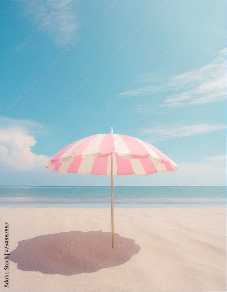 vacances à la plage, parasol rayé rose, pastel