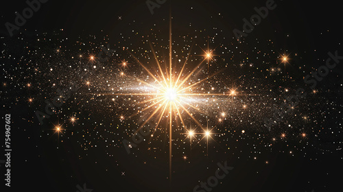 light sparkle flare , bokeh, festive event party rays of silver gold  white lights from a star on dark background