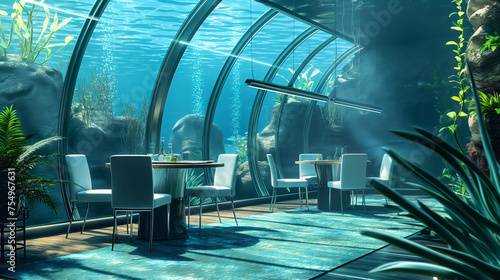 Underwater restaurant or hotel interior, under ocean or sea water, corals, plants, chairs and table with glasses and food