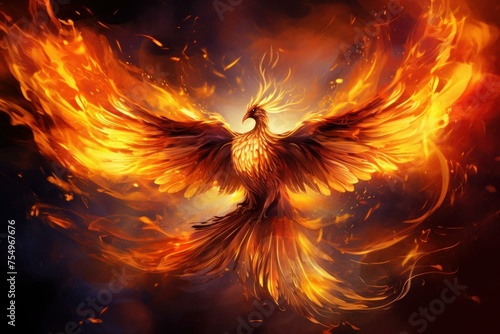 Mythical Phoenix bird in fire. Fantasy wing flame. Generate Ai