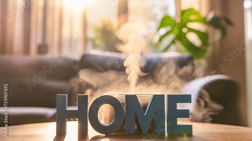 Text "Home" in front of the smell vaporizer or aroma diffuser placed on the living room table near the houseplant
