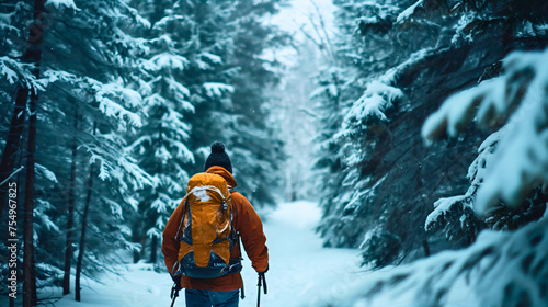 Rearview of the man wearing a jacket, winter cap and a backpack, hiking in the snowy mountains during the cold weather season, walking through the frozen forest trail or path alone. Male hiker person