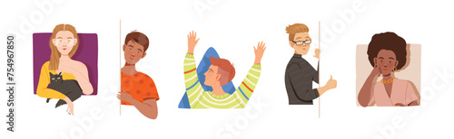 People Characters Looking Out of Window of Geometrical Shape Vector Set