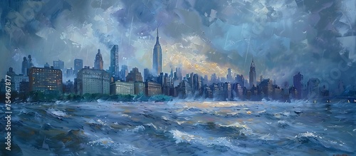 Oil Painting of New York Skyline Amidst Stormy Seas at Dusk
