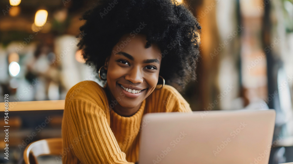 Beautiful young African American woman sitting at the table and working ...