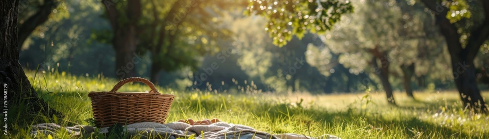 Picnic in a grassy field, blanket and basket, leisurely day in nature