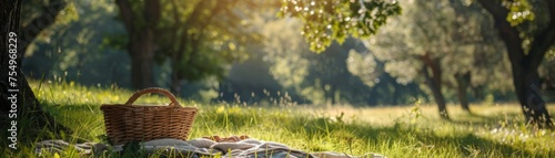 Picnic in a grassy field, blanket and basket, leisurely day in nature photo