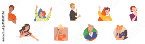 People Characters Looking Out of Window of Geometrical Shape Vector Set