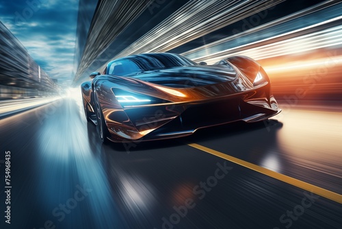 Sports car drives at high speed along the road at night  © capuchino009