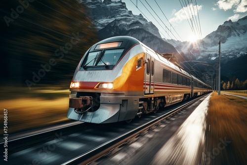 A high-speed train going along a steel railway 
