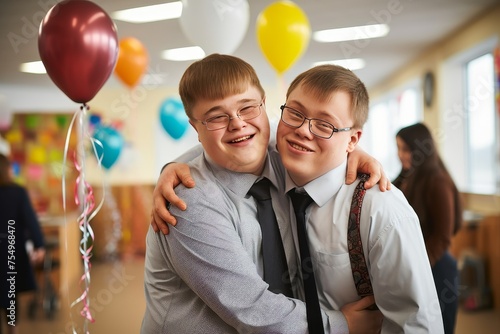 Two boys with Down syndrome hug birthday friends with trisomy 21 Inclusion concept