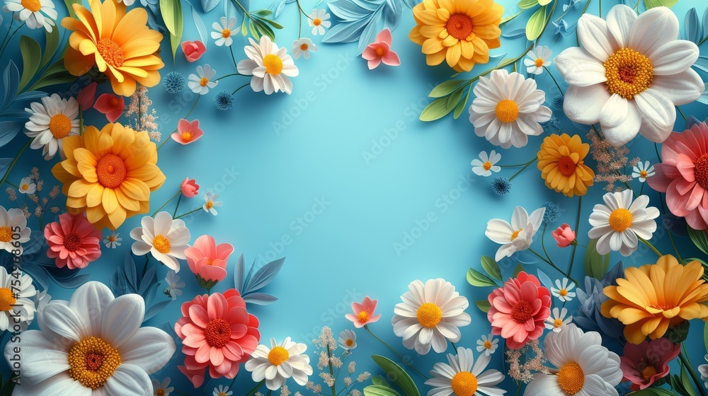 Vibrant Floral Frame on Blue Background, illustration for spring themed designs