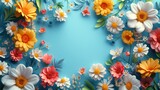 Vibrant Floral Frame on Blue Background, illustration for spring themed designs