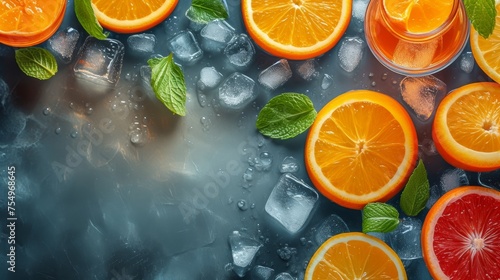 fruit with ice cubes and fresh mint leaves on a cool, for poster banner summer refreshments. © kitti