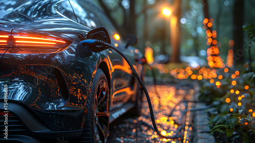 electric car on a charging station with a connected power cable. Alternative energy concept 