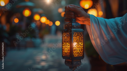 Arab man holding lantern welcoming the night of Ramadan, night of 1000 years, Ramadan atmosphere