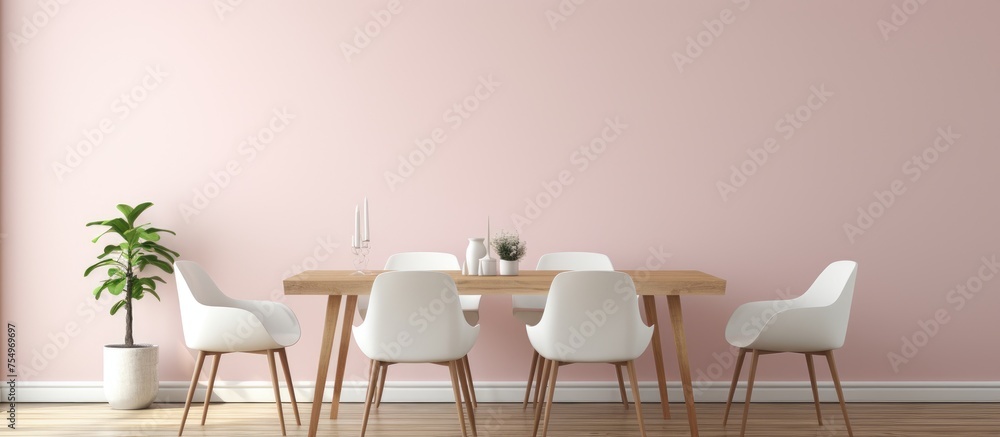 A dining room with pink walls and a wooden floor featuring white chairs arranged around a coffee table. A horizontal black poster hangs on the wall providing a touch of contrast. A dining room with pink walls and a wooden floor featuring white chairs arranged around a coffee table. A horizontal black poster hangs on the wall providing a touch of contrast.