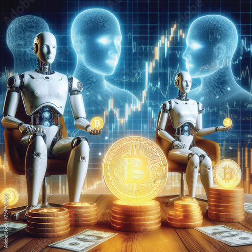 AI robots holding bitcoins. The background reveals a graph symbolizing financial data. Provide a detailed description of this captivating futuristic scenario