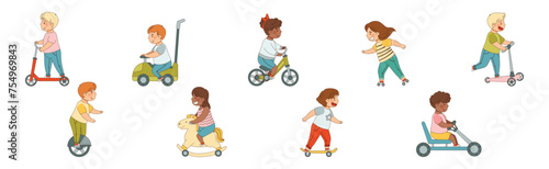 Children Ride Different Transport Enjoy Driving Vehicle Vector Set