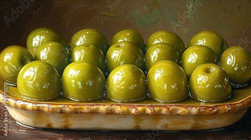 a painting of green olives in a yellow dish on a brown tablecloth with a brown and gold border. photo