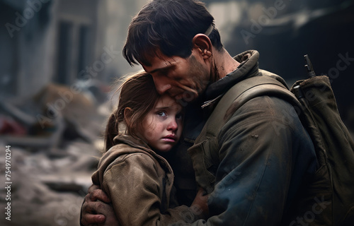 A man and a little girl are hugging each other in a war zone photo