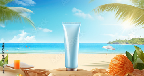 A tube of sunscreen is sitting on a beach with a palm tree in the background