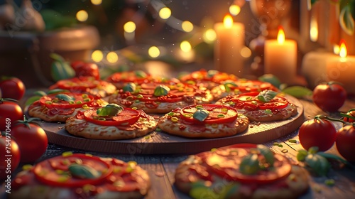 Mini Pepperoni Pizzas Arranged in a Cozy Evening Scene with Candles and Fresh Tomatoes