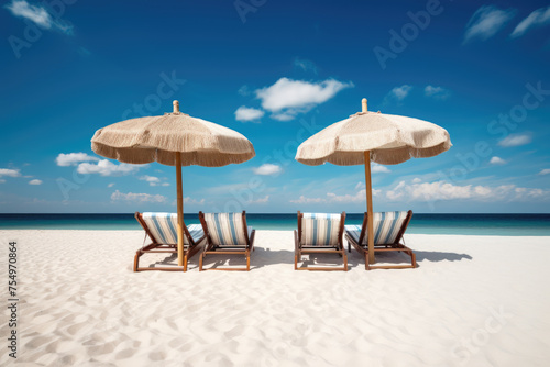 Two beach umbrellas and four beach chairs are set up on a sandy beach photo