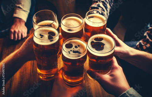 A group of people are holding up six glasses of beer, toasting to a good time