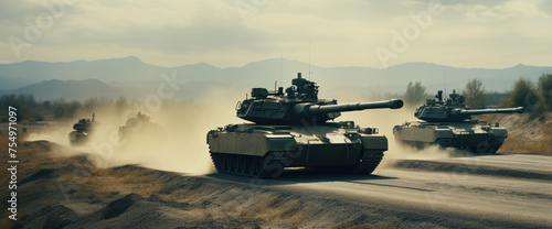 Three tanks are driving down a dirt road, with the first tank in the foreground