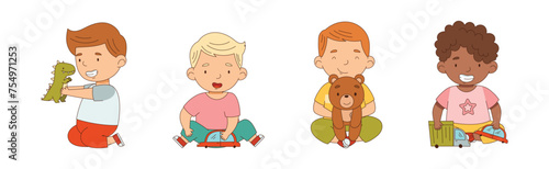 Little Boy Playing Toys Sitting on the Floor in Playroom Vector Set