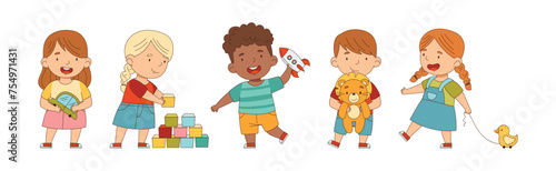 Little Boy and Girl Playing Toys in Playroom Vector Set