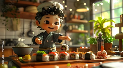 Cute 3D Sushi Chef Character Rolling Sushi in Whimsical Kitchen
