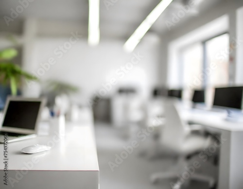 Blurred empty open space room. Abstract light bokeh at office interior background for design.