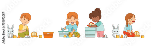 Little Boy and Girl Playing Toys in Playroom Vector Set
