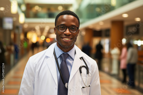 A smiling black man wearing a white lab coat and glasses