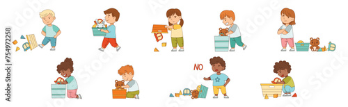 Little Boy and Girl Playing Toys in Playroom Vector Set