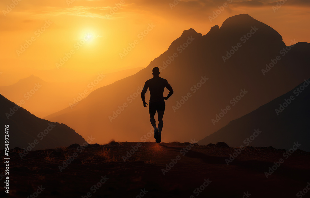 A man is running on a mountain trail at sunset
