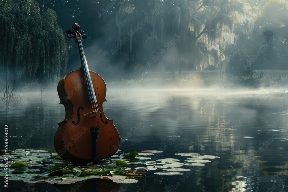 Cello stands serene by misty water lilies - An elegant cello rests quietly by a pond amidst water lilies, enveloped in mist, evoking a peaceful, dreamy ambiance