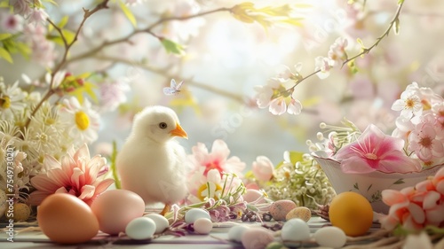 Chick amid colorful spring flowers and eggs - A young chick surrounded by a vibrant array of spring flowers and Easter eggs, bathed in soft sunlight © Mickey