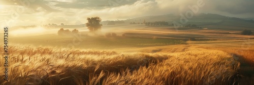 Golden wheat field under a sunlit sky - Expansive landscape of a golden wheat field bathed in the warm, golden light of the setting sun © Mickey