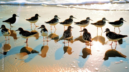 a flock of birds standing on top of a sandy beach next to the ocean on top of a body of water. photo